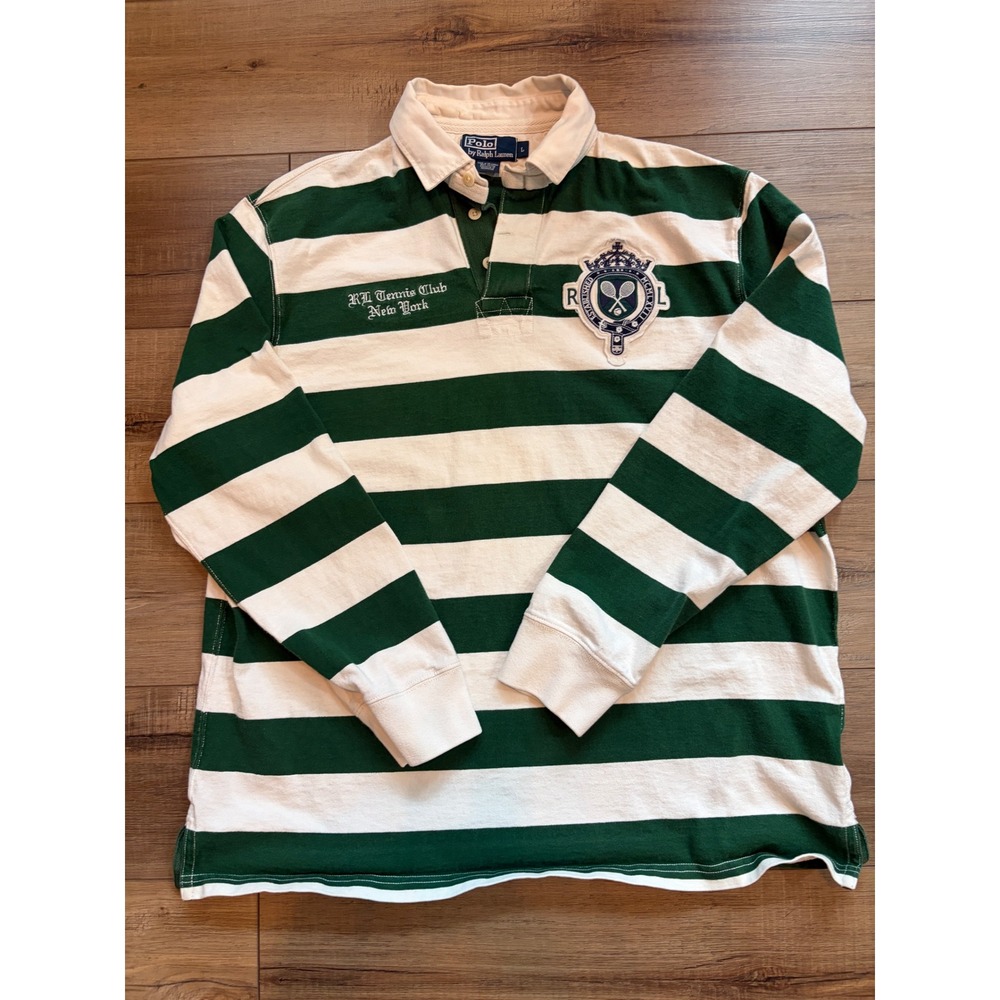 Polo Ralph Lauren Mens Green White Striped Tennis Club Crest Rugby Shirt L